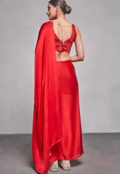 Solid Color Satin Chiffon Saree in Red
