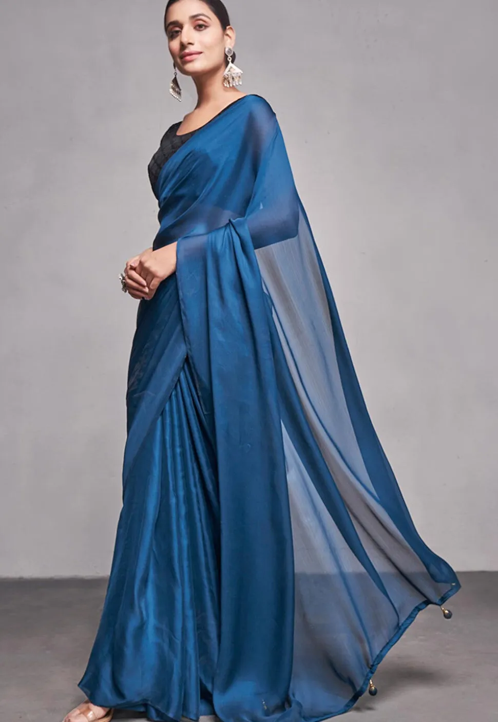 Solid Color Satin Chiffon Saree in Teal Blue