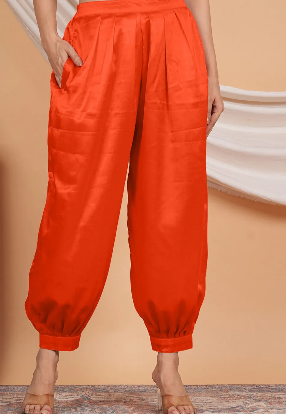 Solid Color Satin Harem Pant in Orange