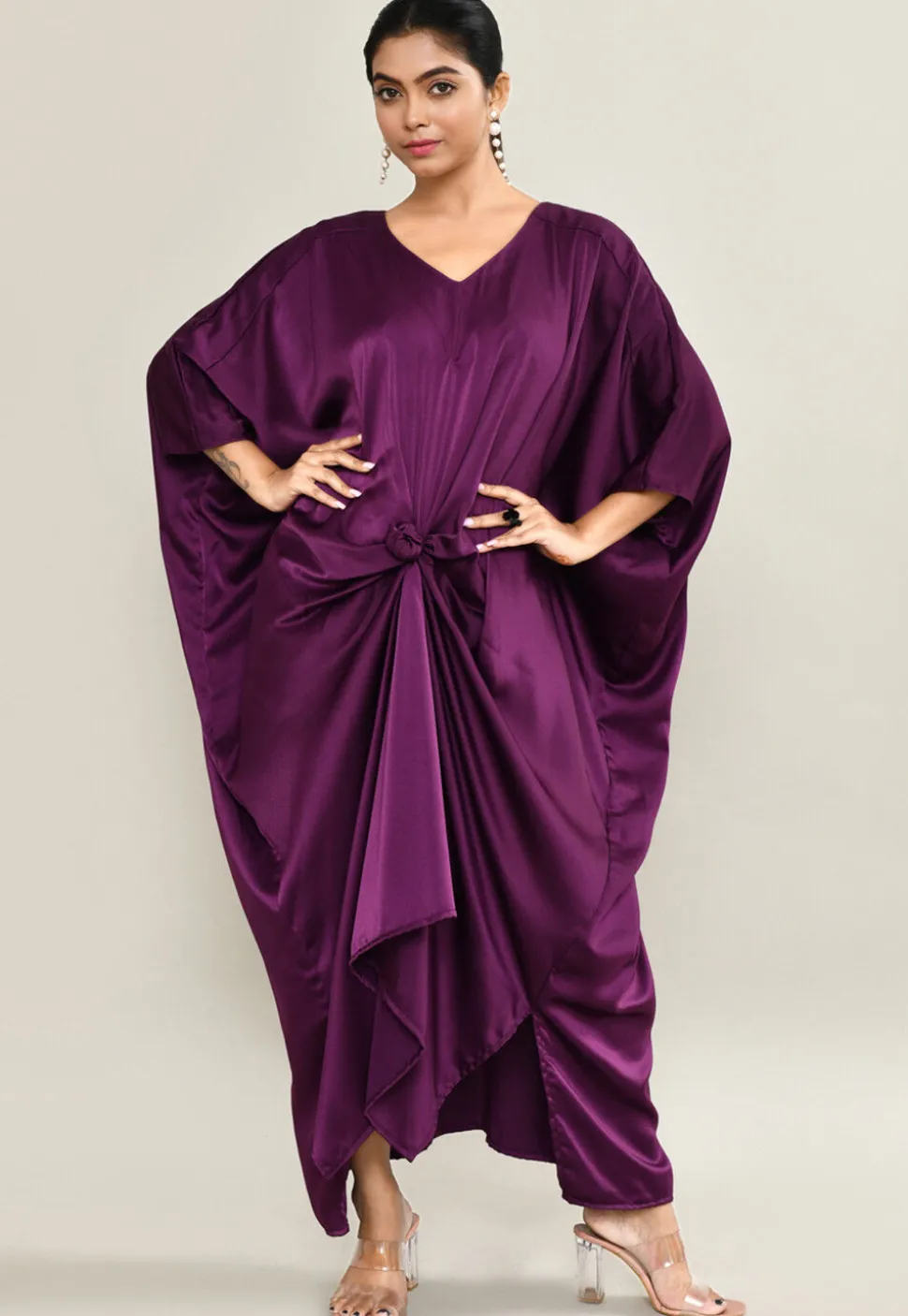 Solid Color Satin Kaftan Style Gown in Violet