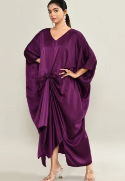 Solid Color Satin Kaftan Style Gown in Violet