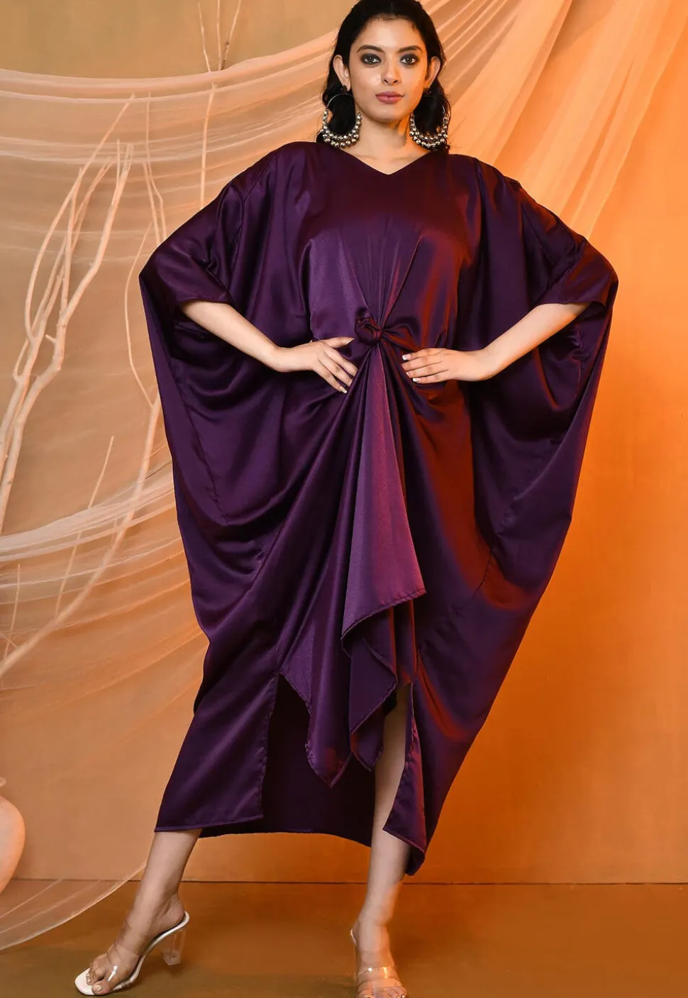 Solid Color Satin Kaftan Style Dress in Purple