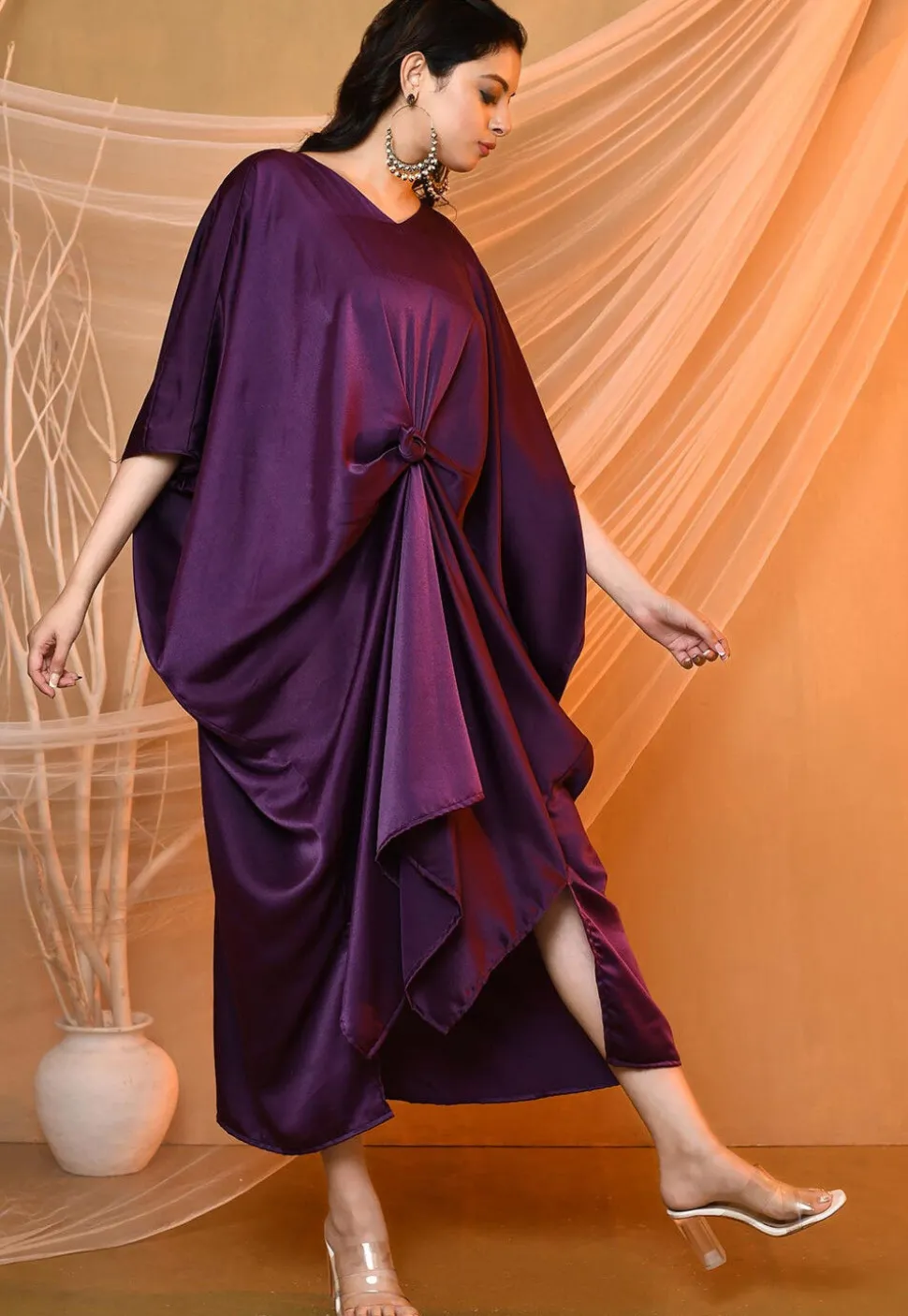 Solid Color Satin Kaftan Style Dress in Purple