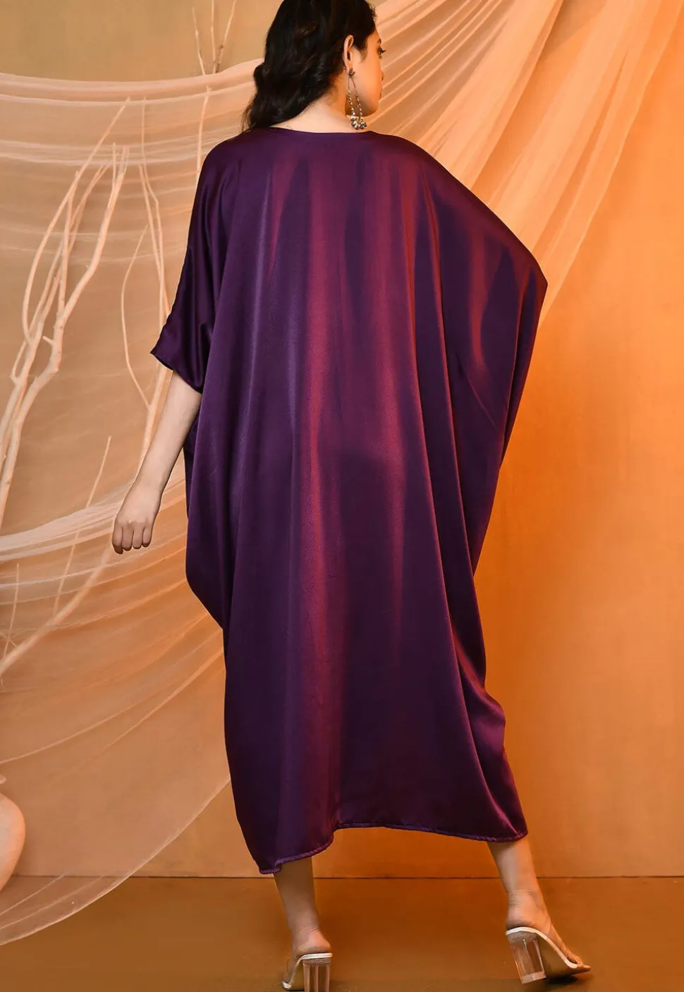 Solid Color Satin Kaftan Style Dress in Purple