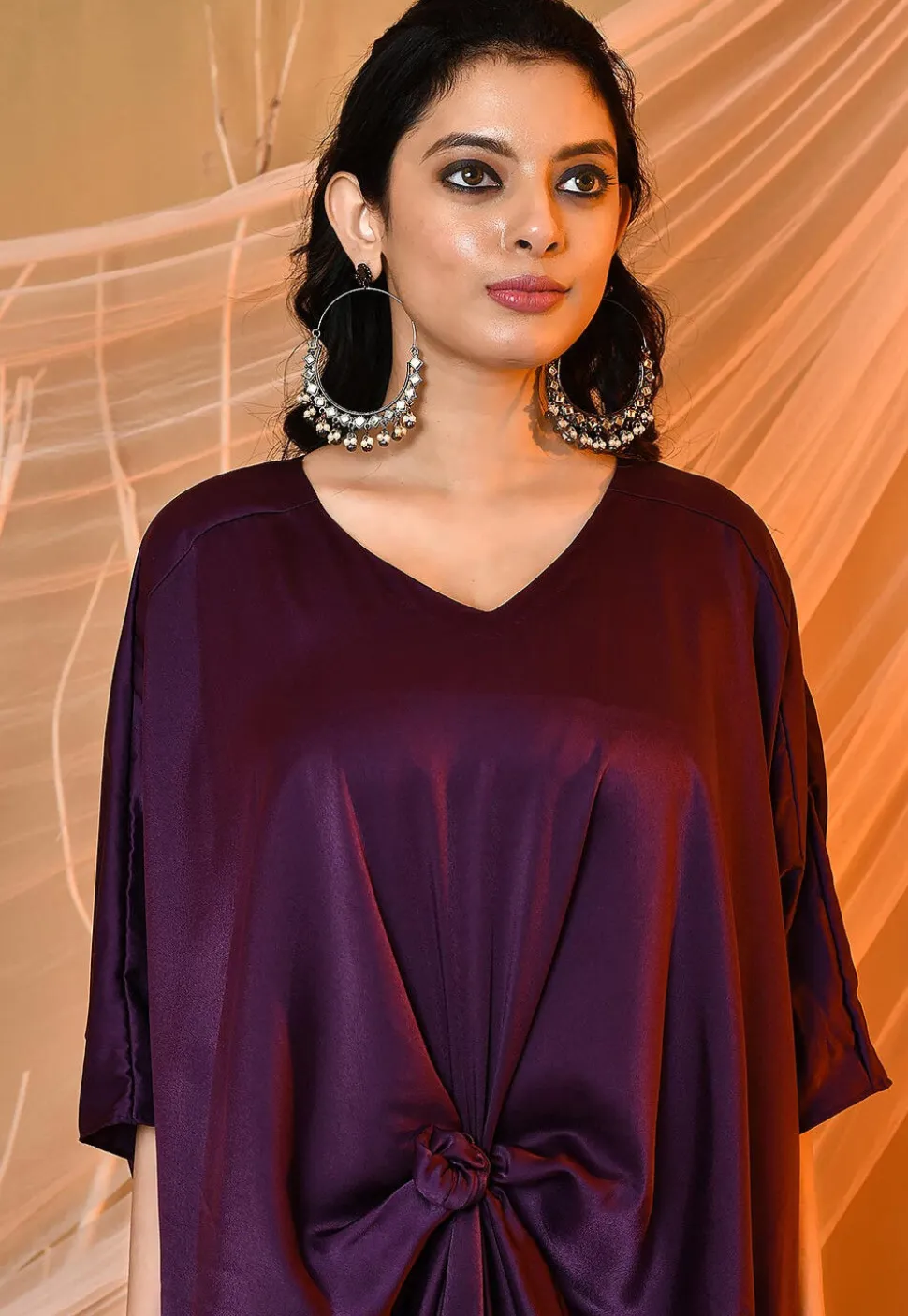 Solid Color Satin Kaftan Style Dress in Purple