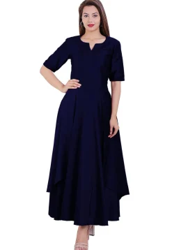 Solid Color Satin Layered Kurta in Navy Blue