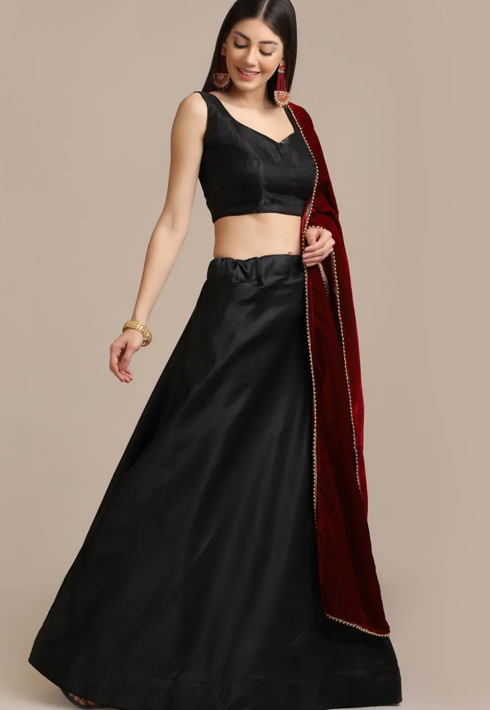 Solid Color Satin Lehenga in Black