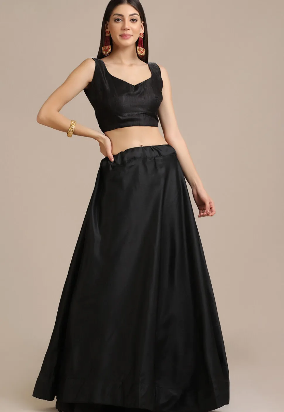 Solid Color Satin Lehenga in Black
