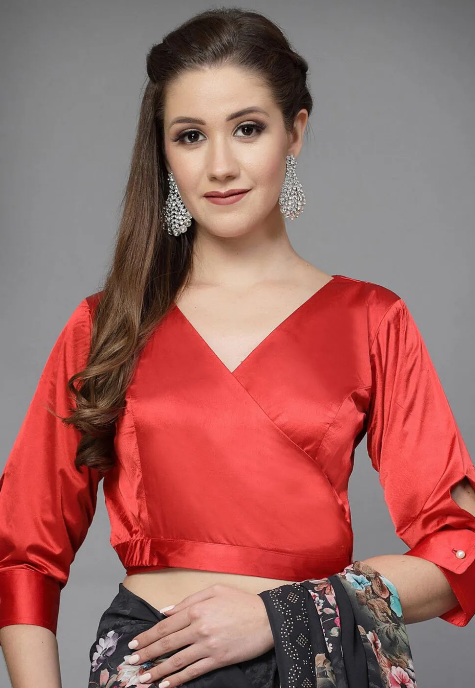 Solid Color Satin Overlapping Blouse in Red