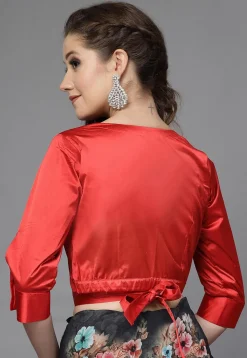 Solid Color Satin Overlapping Blouse in Red