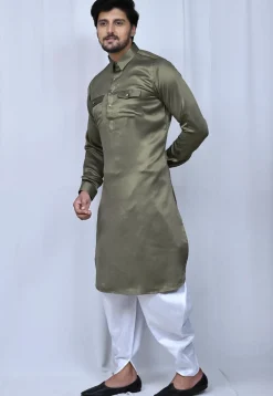 Solid Color Satin Paithani Suit in Dusty Green