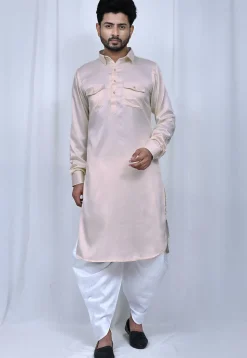 Solid Color Satin Paithani Suit in Light Beige