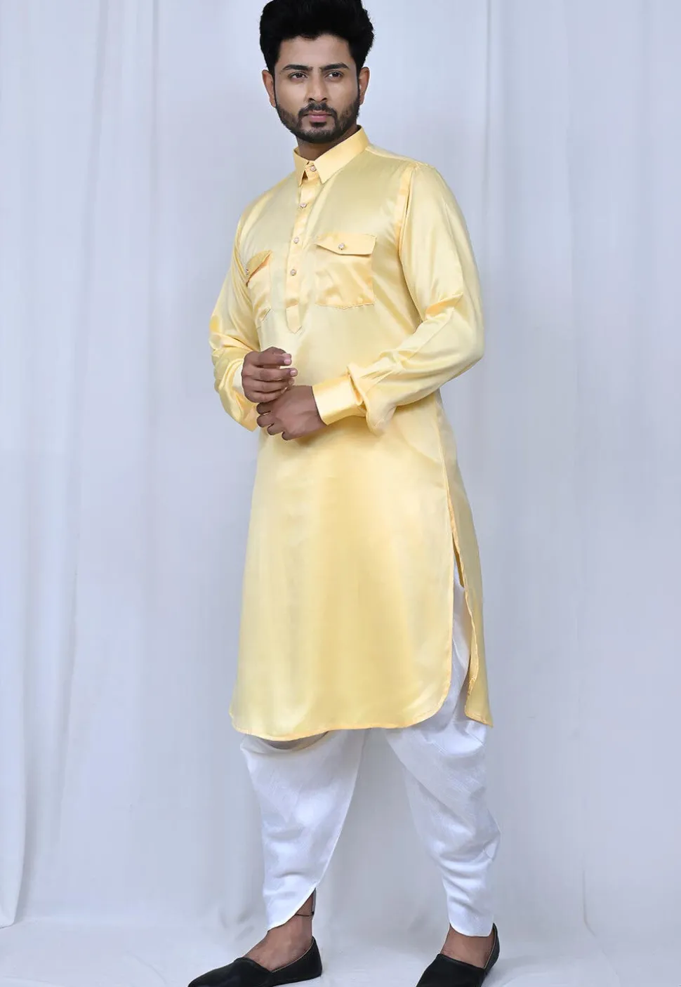 Solid Color Satin Paithani Suit in Yellow