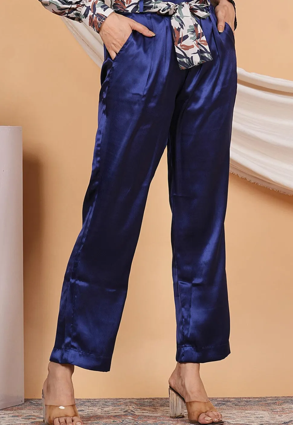 Solid Color Satin Pant in Navy Blue