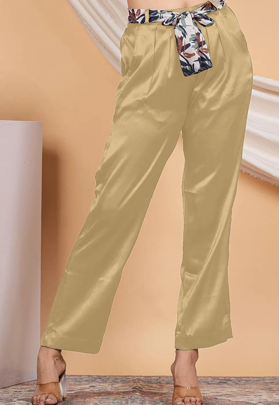 Solid Color Satin Pant in Beige