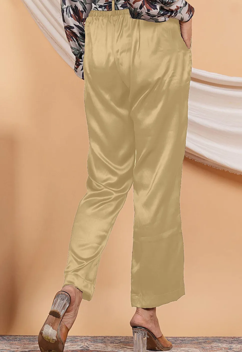 Solid Color Satin Pant in Beige