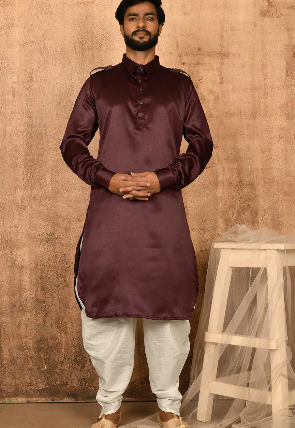 Solid Color Satin Pathani Suit in Maroon