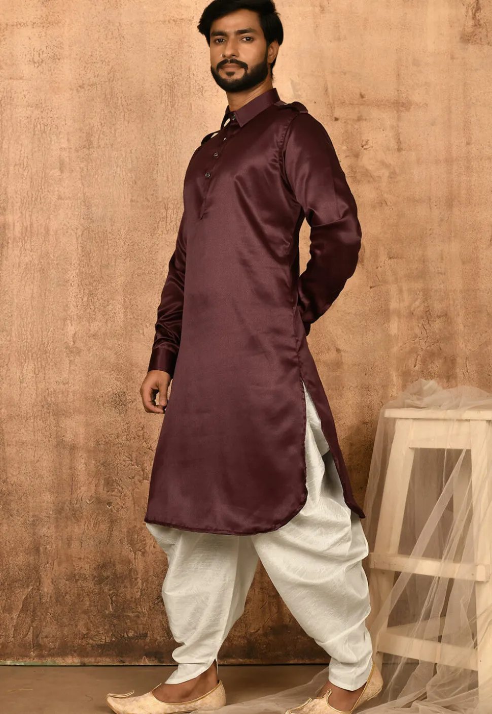 Solid Color Satin Pathani Suit in Maroon