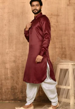 Solid Color Satin Pathani Suit in Maroon