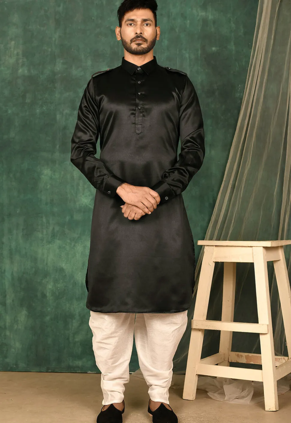 Solid Color Satin Pathani Suit in Black