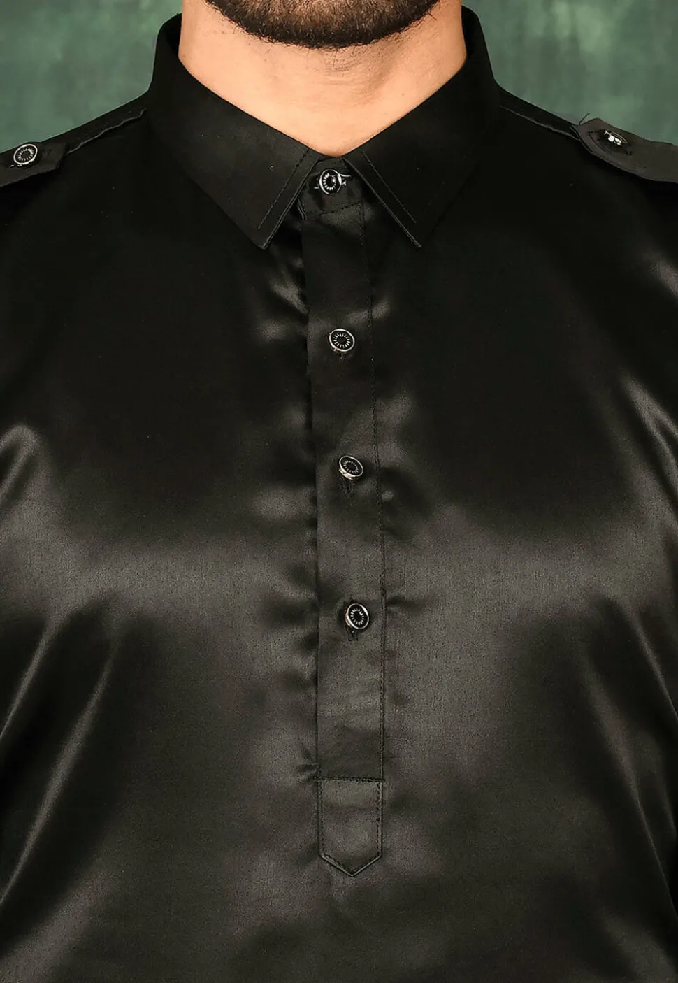 Solid Color Satin Pathani Suit in Black