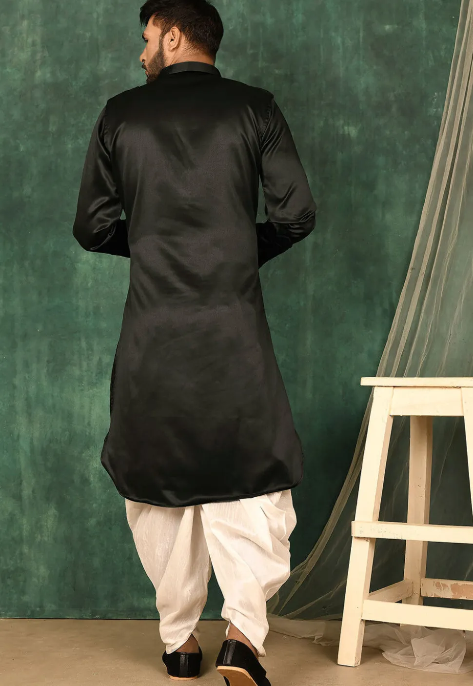 Solid Color Satin Pathani Suit in Black
