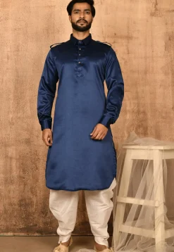 Solid Color Satin Pathani Suit in Navy Blue