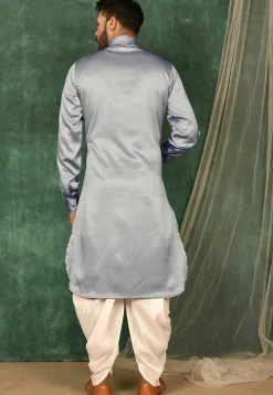 Solid Color Satin Pathani Suit in Grey