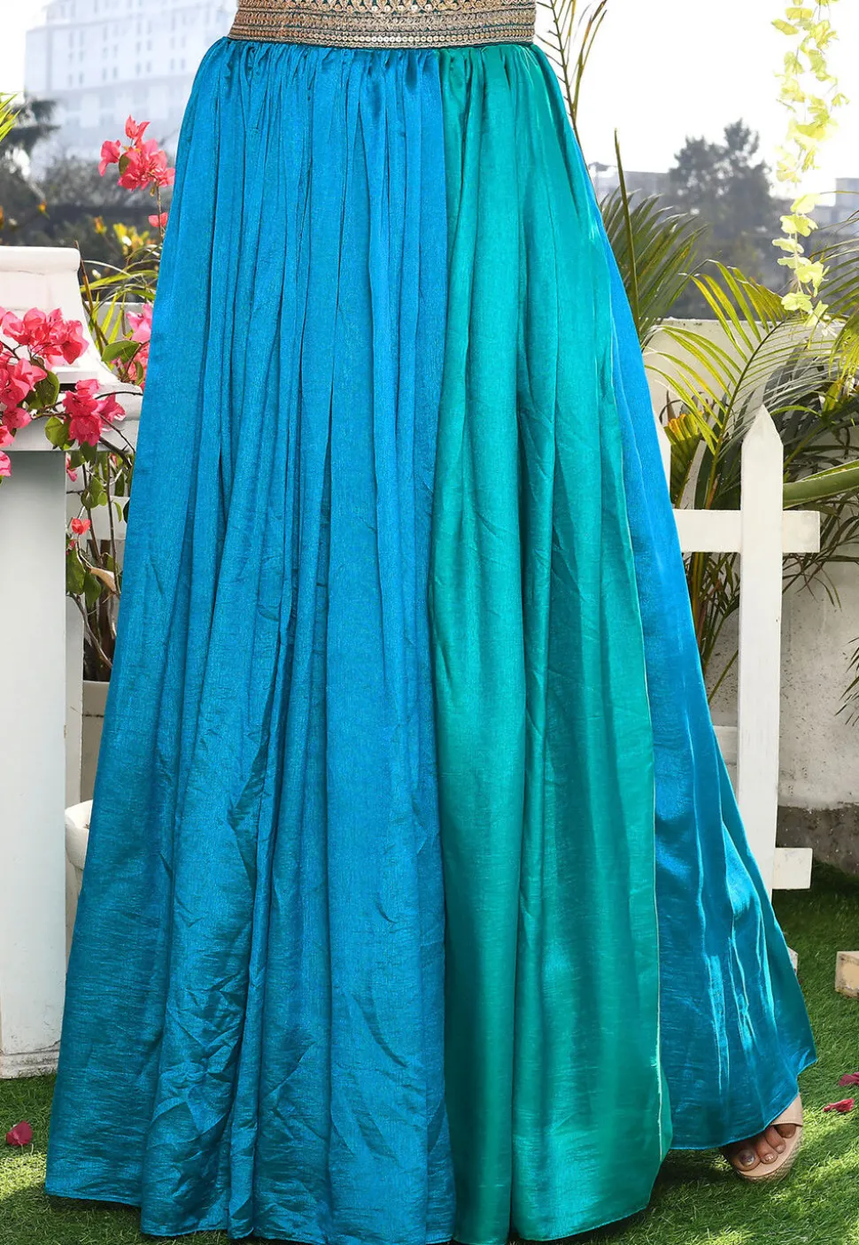 Solid Color Satin Silk A Line Skirt in Blue and Teal Green