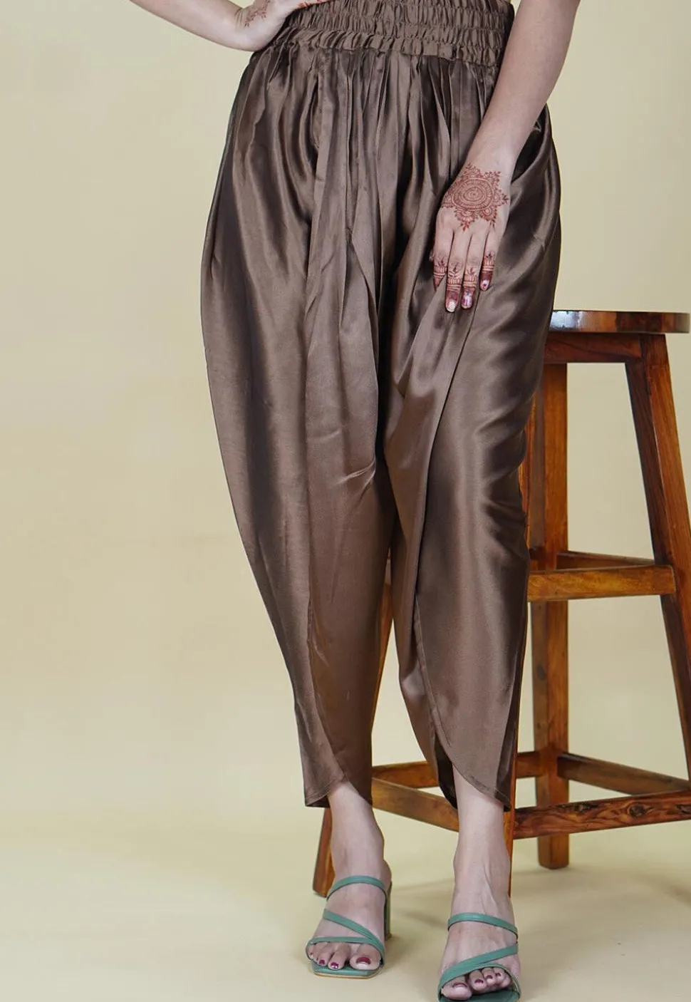Solid Color Satin Tulip Pant in Brown
