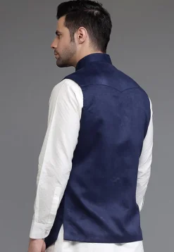 Solid Color Suede Asymmetric Nehru Jacket in Navy Blue