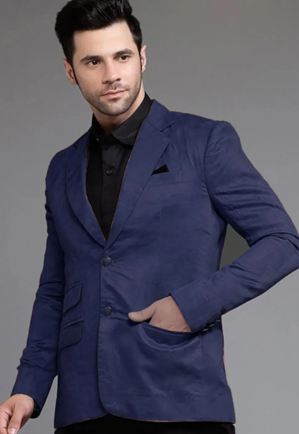 Solid Color Suede Blazer in Navy Blue