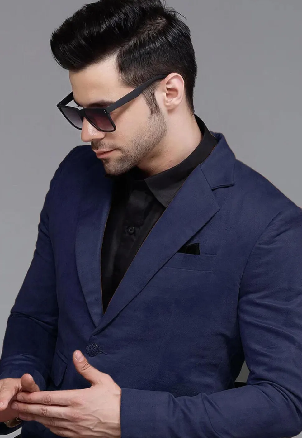 Solid Color Suede Blazer in Navy Blue