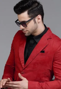 Solid Color Suede Blazer in Red