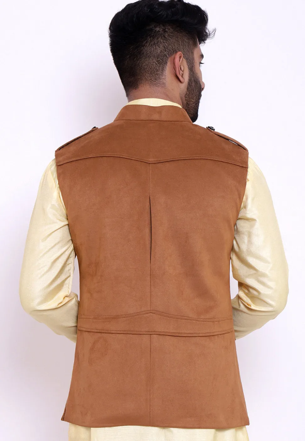 Solid Color Suede Pathani Jacket in Brown