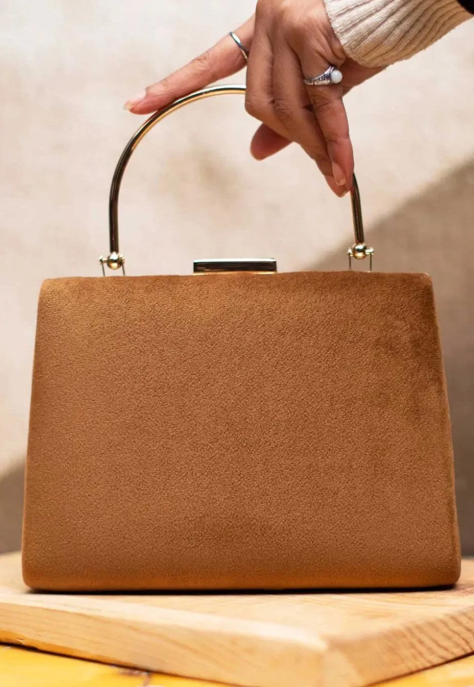 Solid Color Suede Rectangular Clutch Bag in Light Brown