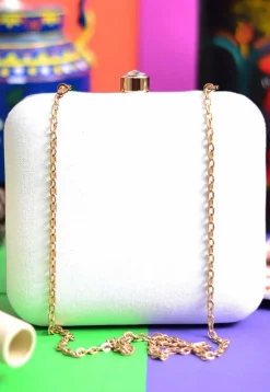 Solid Color Synthetic Square Clutch Bag in Off White