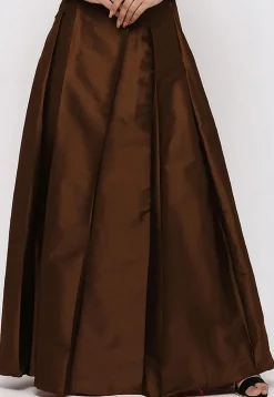 Solid Color Taffeta Silk Box Pleated Skirt in Dark Brown