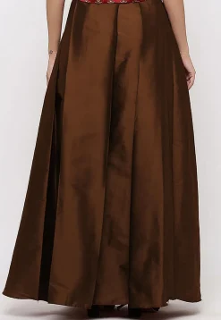 Solid Color Taffeta Silk Box Pleated Skirt in Dark Brown