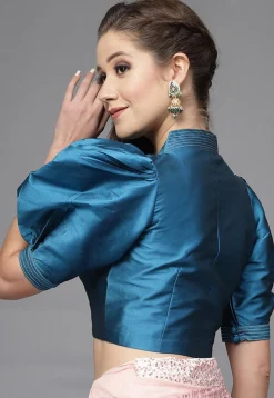 Solid Color Taffeta Silk Blouse in Teal Blue