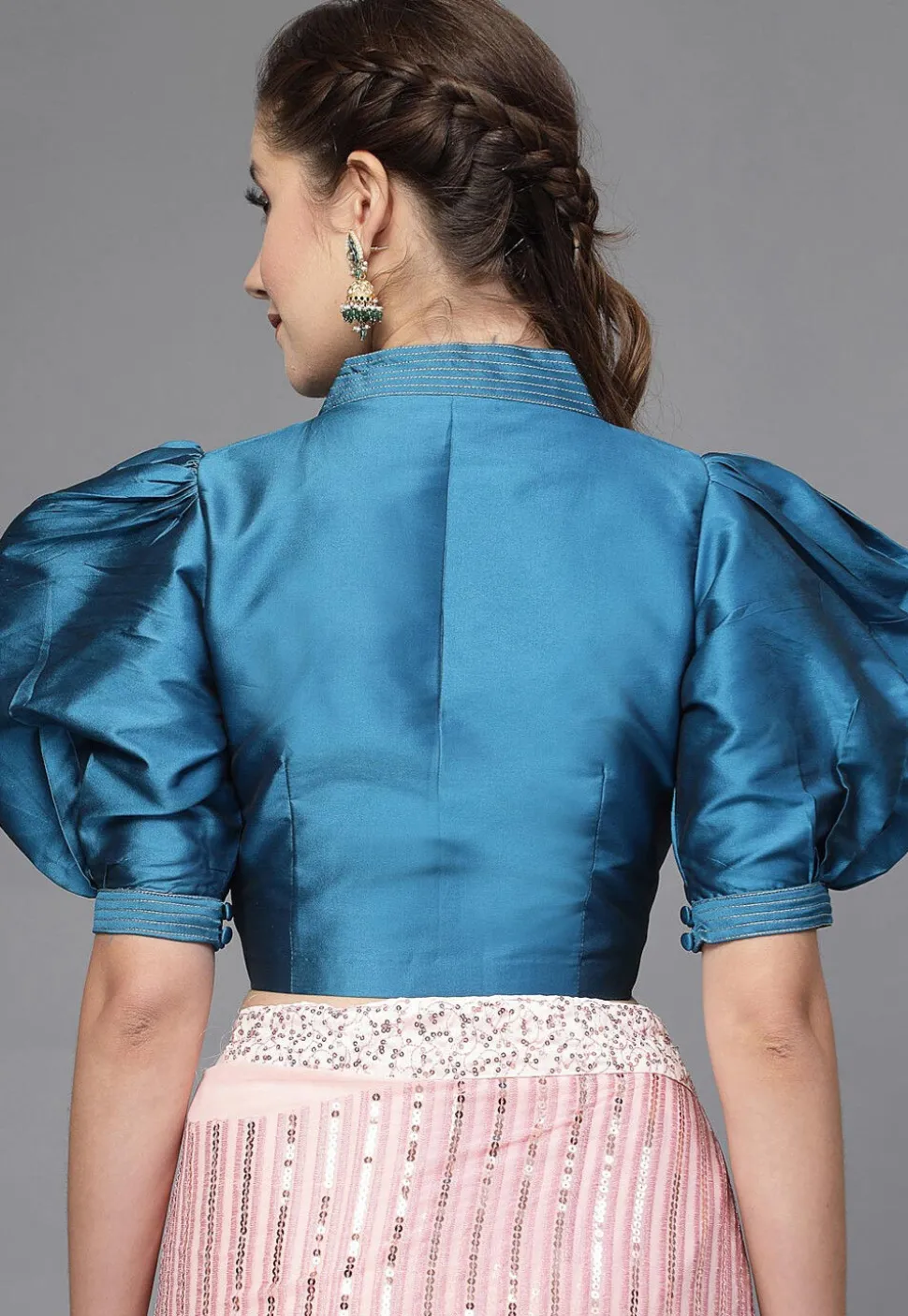 Solid Color Taffeta Silk Blouse in Teal Blue