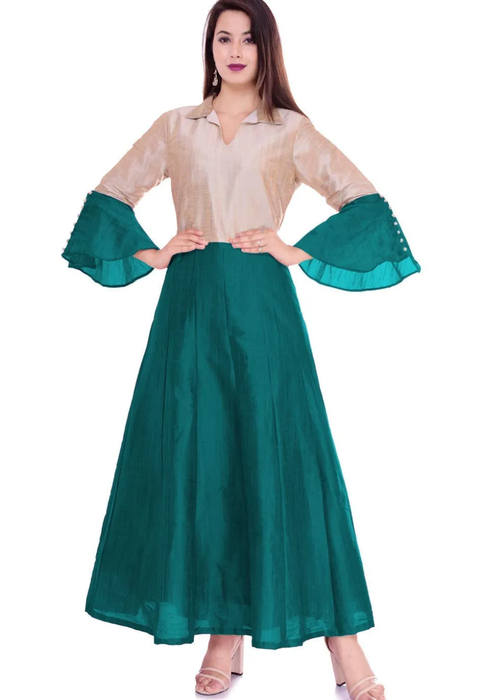 Solid Color Taffeta Silk Straight Kurta in Teal Blue and Beige