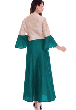 Solid Color Taffeta Silk Straight Kurta in Teal Blue and Beige