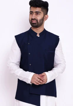 Solid Color Taffeta Silk Asymmetric Nehru Jacket in Navy Blue