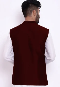 Solid Color Taffeta Silk Asymmetric Nehru Jacket in Maroon