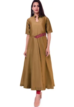 Solid Color Taffeta Silk A Line Kurta in Brown