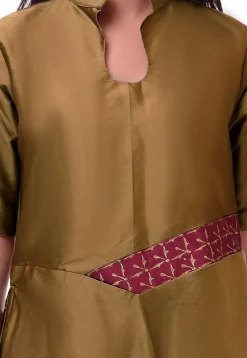 Solid Color Taffeta Silk A Line Kurta in Brown