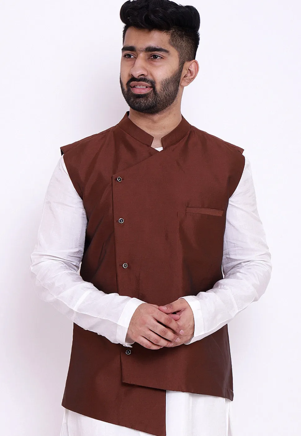 Solid Color Taffeta Silk Asymmetric Nehru Jacket in Brown