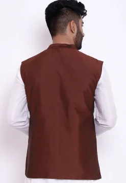 Solid Color Taffeta Silk Asymmetric Nehru Jacket in Brown