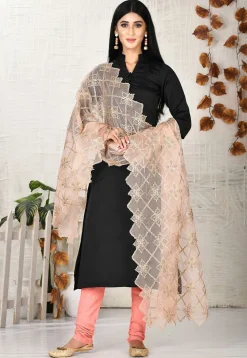 Solid Color Taffeta Silk Straight Suit in Black